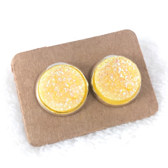 SOLD   Yellow Glitter Druze Stud Earrings - Picture 3 of 4